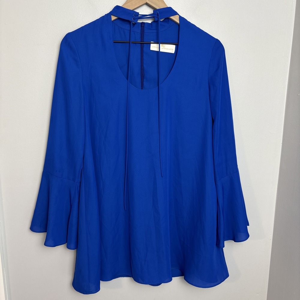Amanda Uprichard Women's S Tie Neck Mini Dress 3/4 Sleeve Lined Royal‎ Blue FLAW